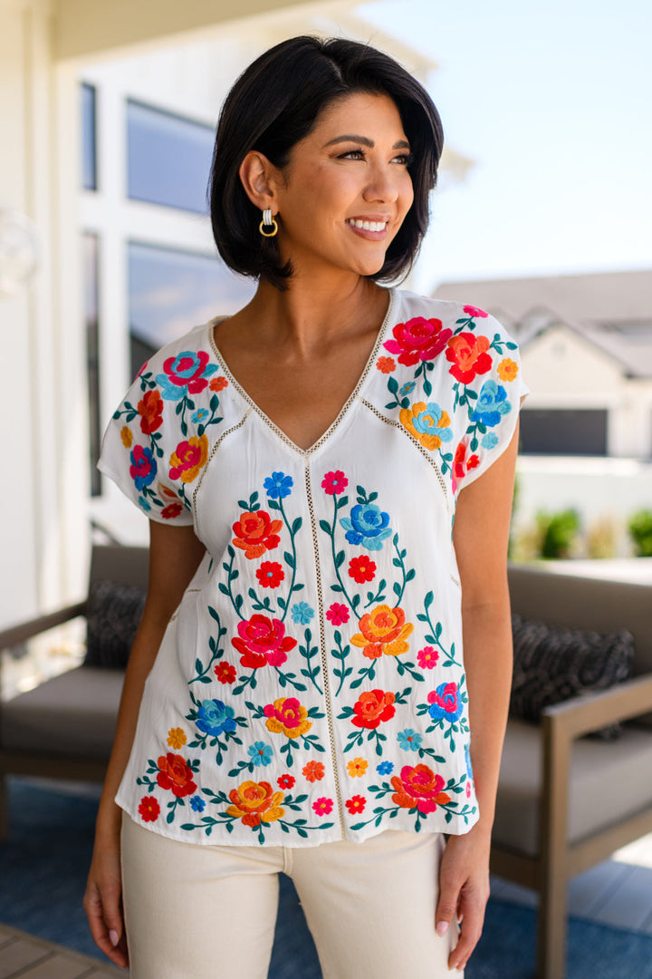 Rose Garden Embroidered Blouse-Short Sleeve Tops-Inspired by Justeen-Women's Clothing Boutique in Chicago, Illinois