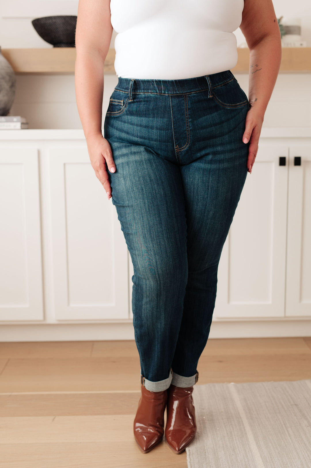 Rowena High Rise Pull On Double Cuff Slim Jeans-Denim-Inspired by Justeen-Women's Clothing Boutique