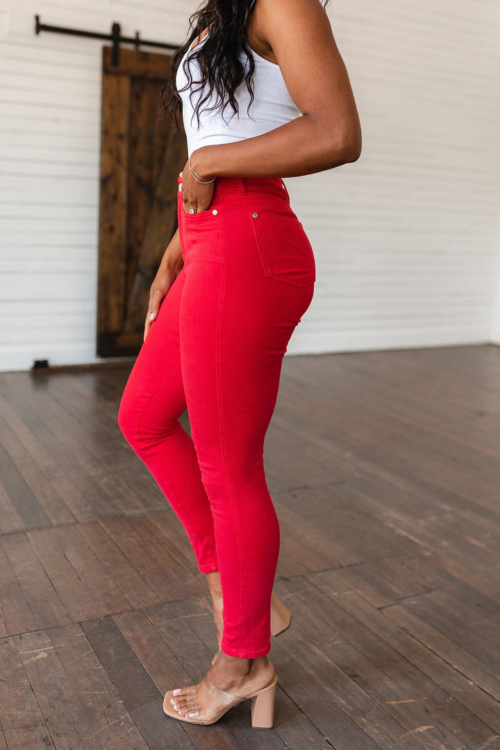 Ruby High Rise Control Top Garment Dyed Skinny Jeans in Red-Denim-Inspired by Justeen-Women's Clothing Boutique in Chicago, Illinois