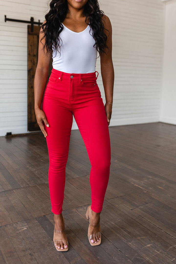 Ruby High Rise Control Top Garment Dyed Skinny Jeans in Red-Denim-Inspired by Justeen-Women's Clothing Boutique in Chicago, Illinois