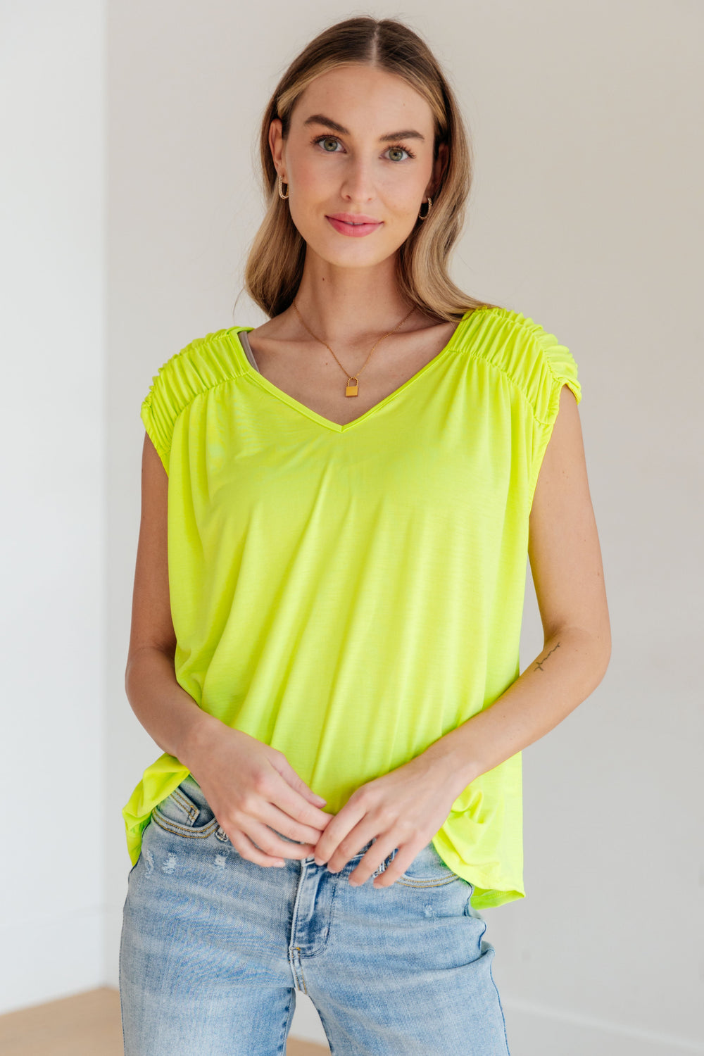 Ruched Cap Sleeve Top in Neon Green-Short Sleeve Tops-Inspired by Justeen-Women's Clothing Boutique in Chicago, Illinois