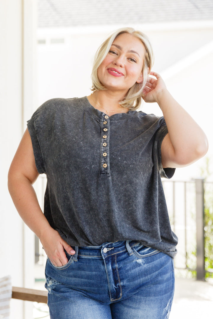 She's Alright Mineral Wash Sleeveless Henley-Short Sleeve Tops-Inspired by Justeen-Women's Clothing Boutique in Chicago, Illinois