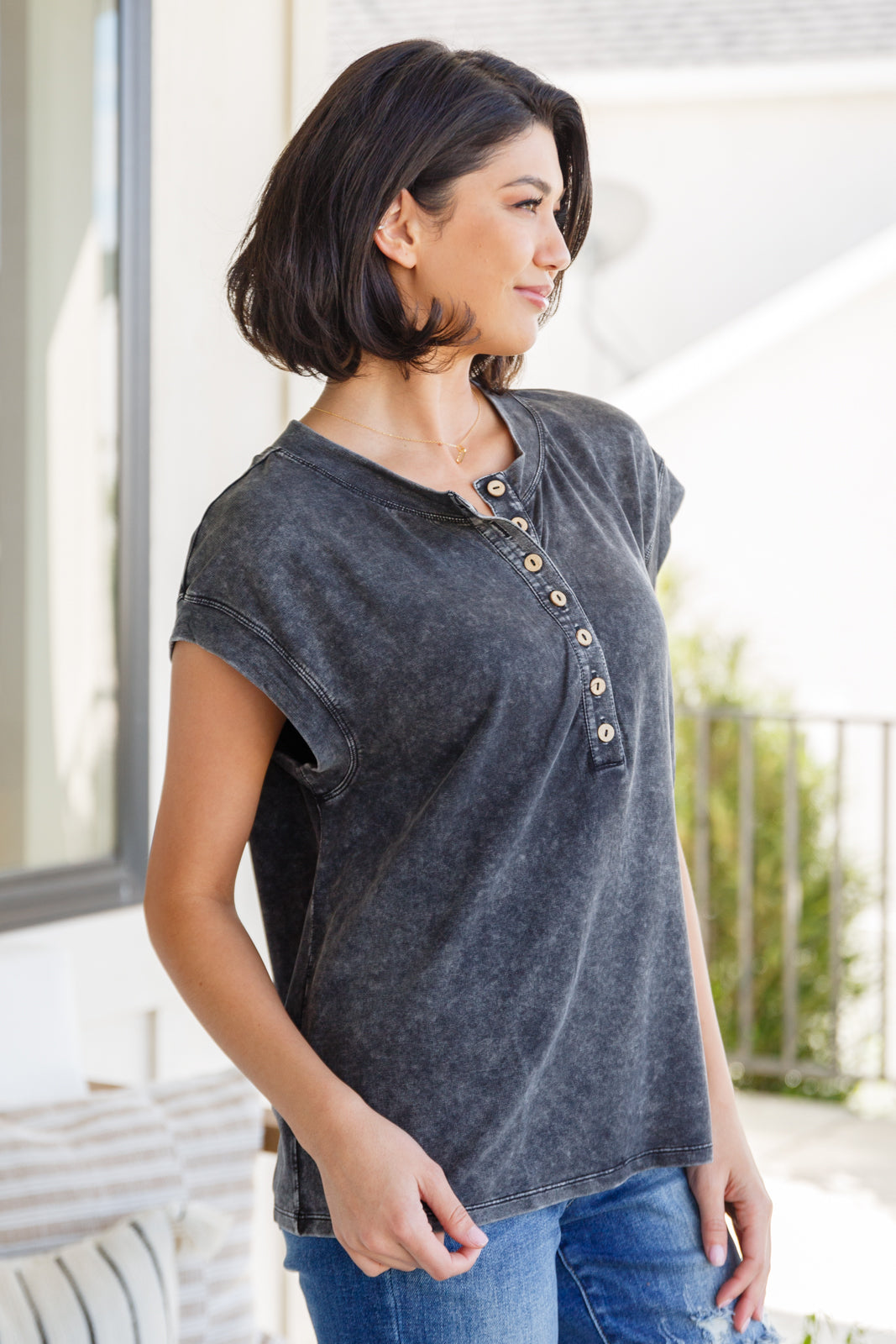 She's Alright Mineral Wash Sleeveless Henley-Short Sleeve Tops-Inspired by Justeen-Women's Clothing Boutique in Chicago, Illinois
