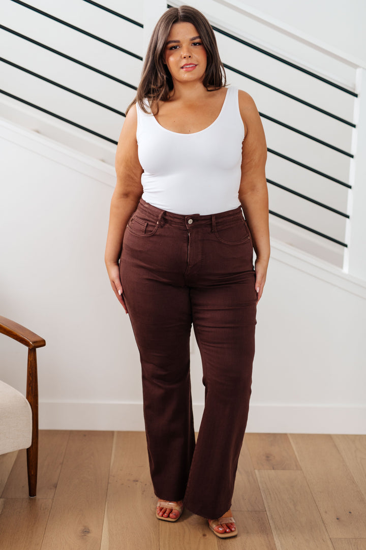Sienna High Rise Control Top Flare Jeans in Espresso-Denim-Inspired by Justeen-Women's Clothing Boutique in Chicago, Illinois