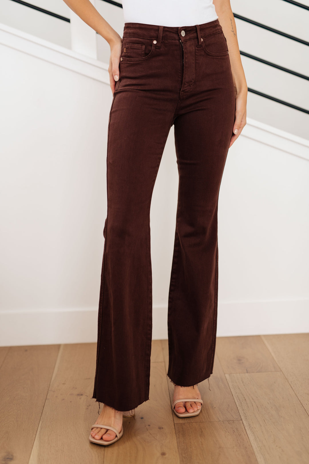 Sienna High Rise Control Top Flare Jeans in Espresso-Denim-Inspired by Justeen-Women's Clothing Boutique in Chicago, Illinois