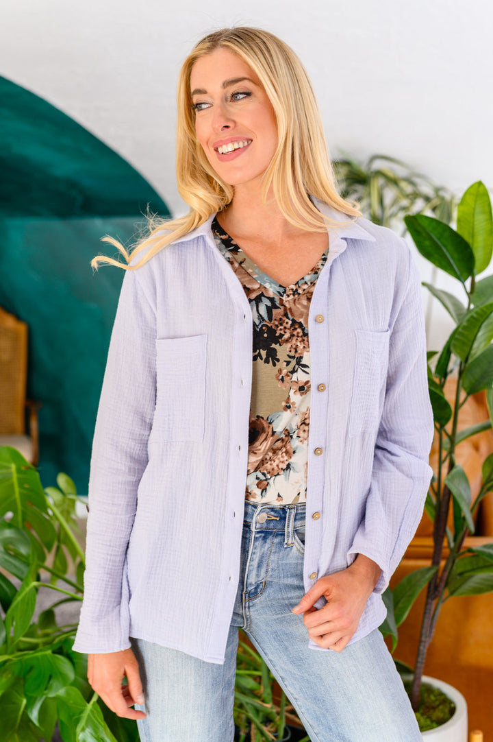 Skies The Limit Button Up in Lavender Blue-Tops-Inspired by Justeen-Women's Clothing Boutique in Chicago, Illinois