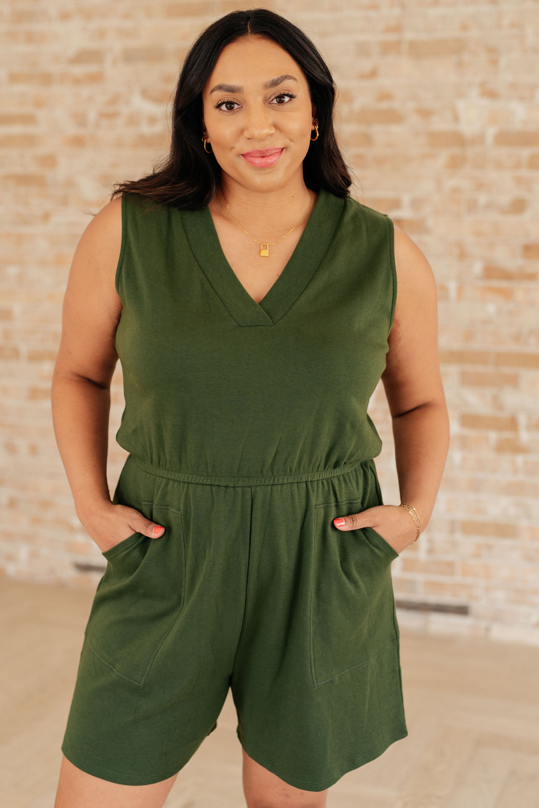 Sleeveless V-Neck Romper in Army Green-Jumpsuits & Rompers-Inspired by Justeen-Women's Clothing Boutique in Chicago, Illinois