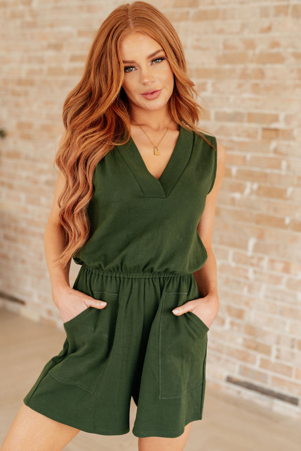 Sleeveless V-Neck Romper in Army Green-Jumpsuits & Rompers-Inspired by Justeen-Women's Clothing Boutique in Chicago, Illinois