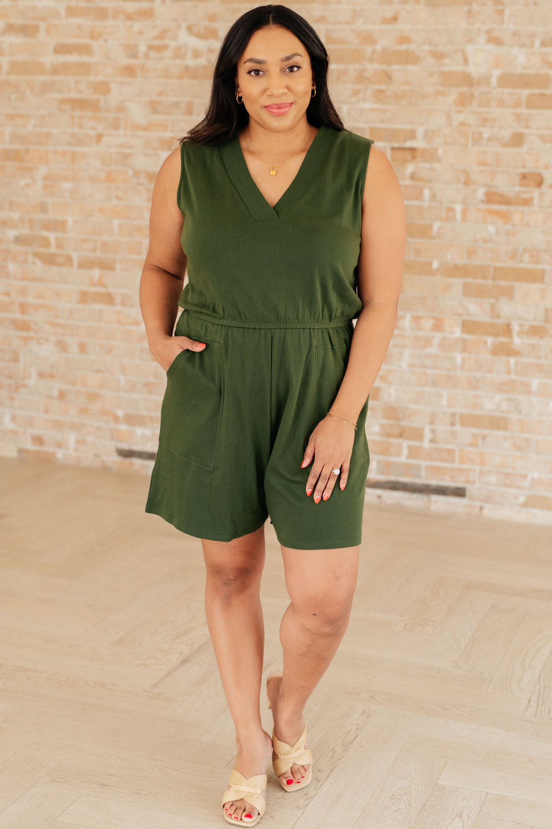 Sleeveless V-Neck Romper in Army Green-Jumpsuits & Rompers-Inspired by Justeen-Women's Clothing Boutique