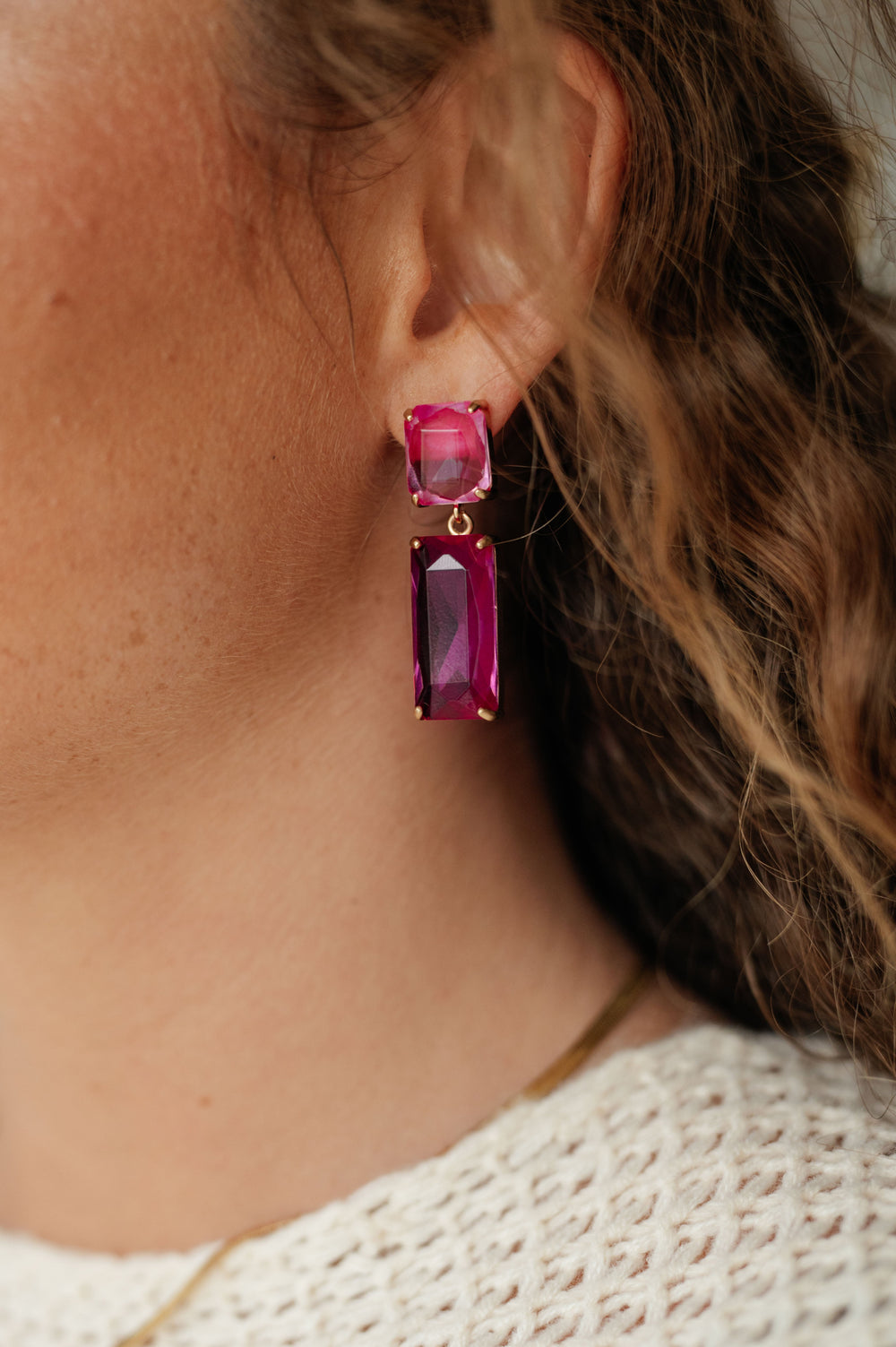Sparkly Spirit Rectangle Crystal Earrings in Pink-Earrings-Inspired by Justeen-Women's Clothing Boutique in Chicago, Illinois