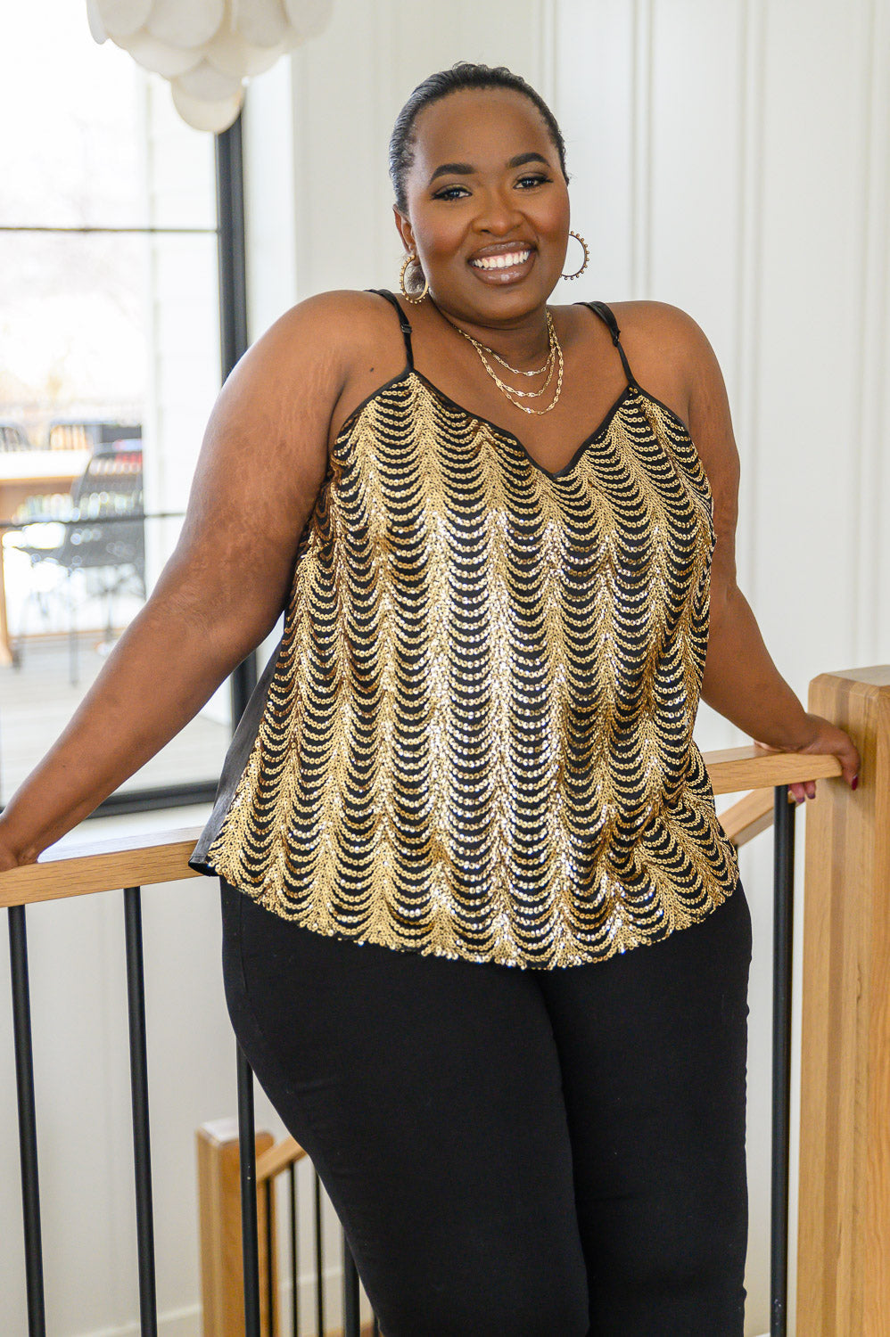 Stayin' Alive V-Neck Sequin Tank in Gold-Tank Tops-Inspired by Justeen-Women's Clothing Boutique in Chicago, Illinois