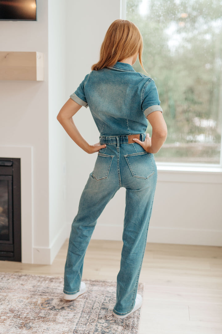 Sylvia Short Sleeve Denim Jumpsuit-Jumpsuits-Inspired by Justeen-Women's Clothing Boutique