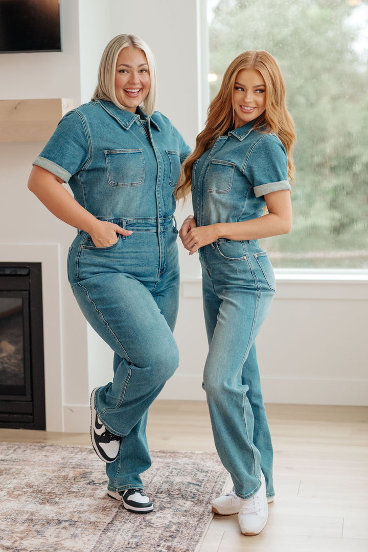 Sylvia Short Sleeve Denim Jumpsuit-Jumpsuits-Inspired by Justeen-Women's Clothing Boutique