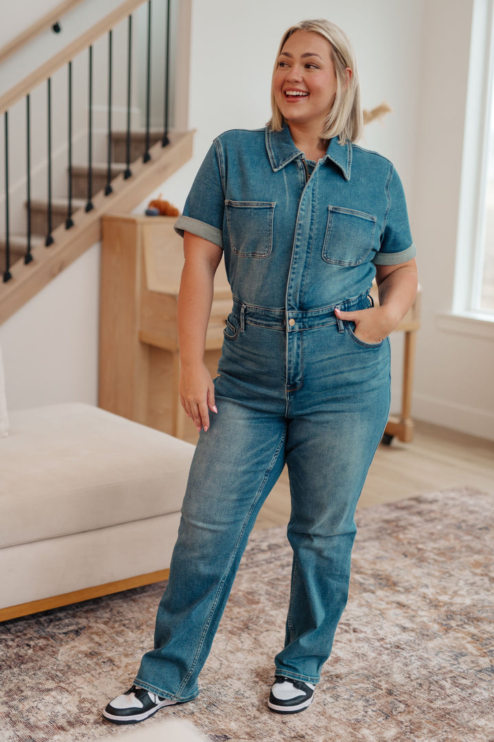 Sylvia Short Sleeve Denim Jumpsuit-Jumpsuits-Inspired by Justeen-Women's Clothing Boutique