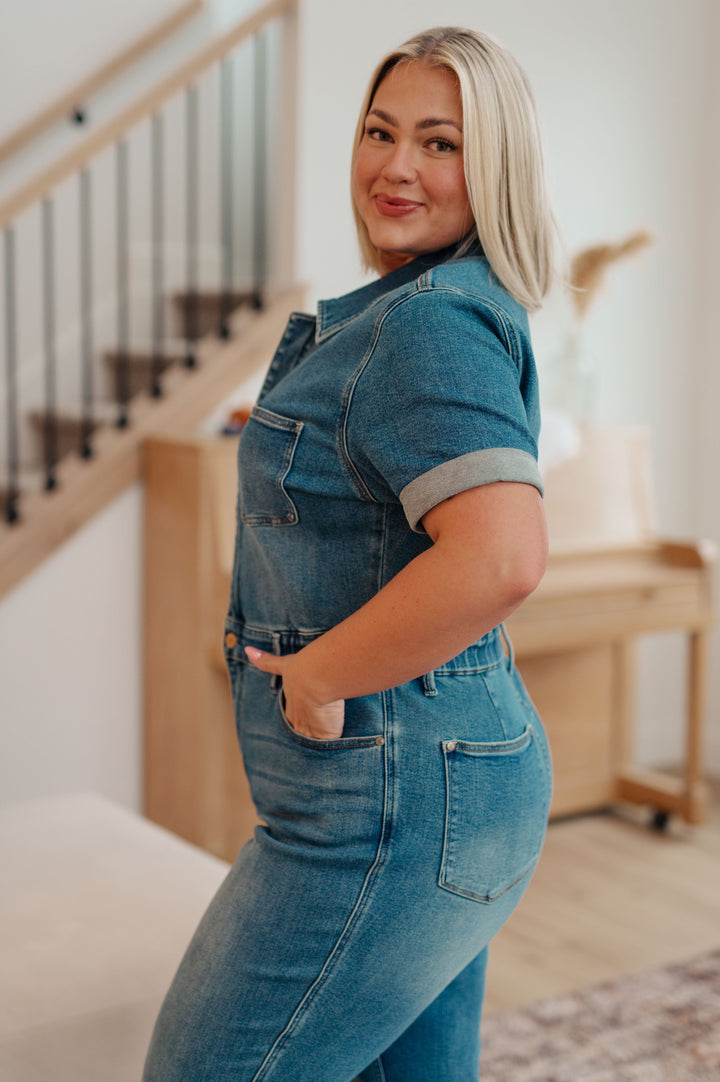 Sylvia Short Sleeve Denim Jumpsuit-Jumpsuits-Inspired by Justeen-Women's Clothing Boutique