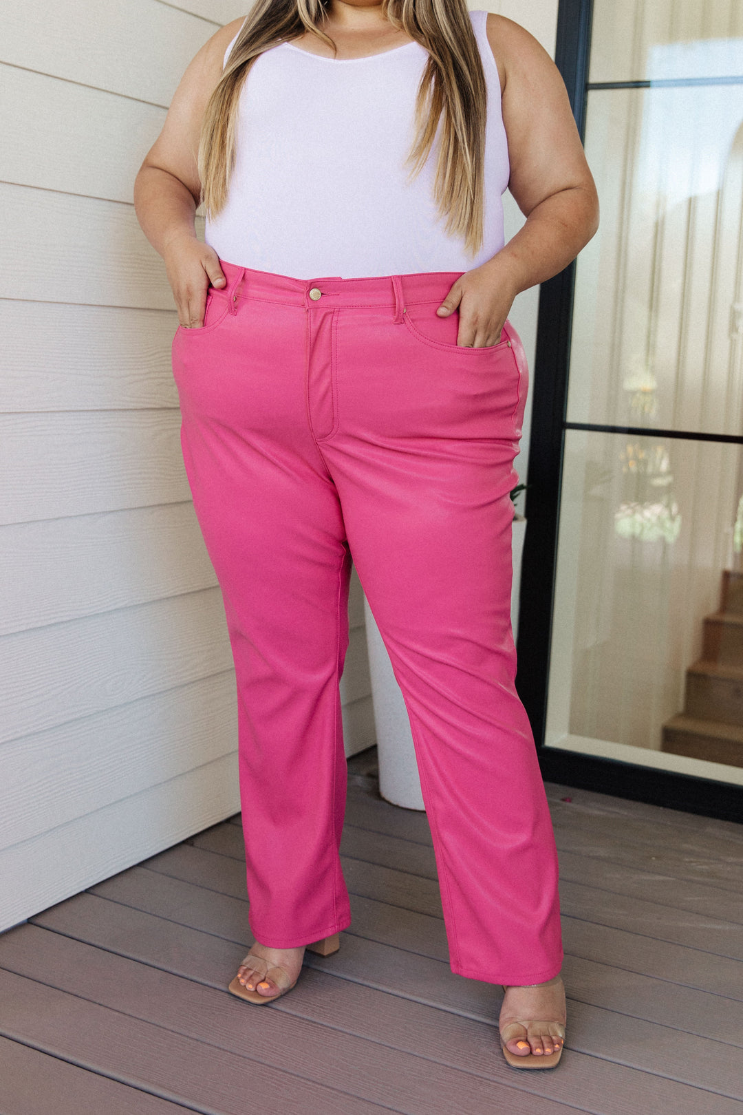 Tanya Control Top Faux Leather Pants in Hot Pink-Denim-Inspired by Justeen-Women's Clothing Boutique in Chicago, Illinois