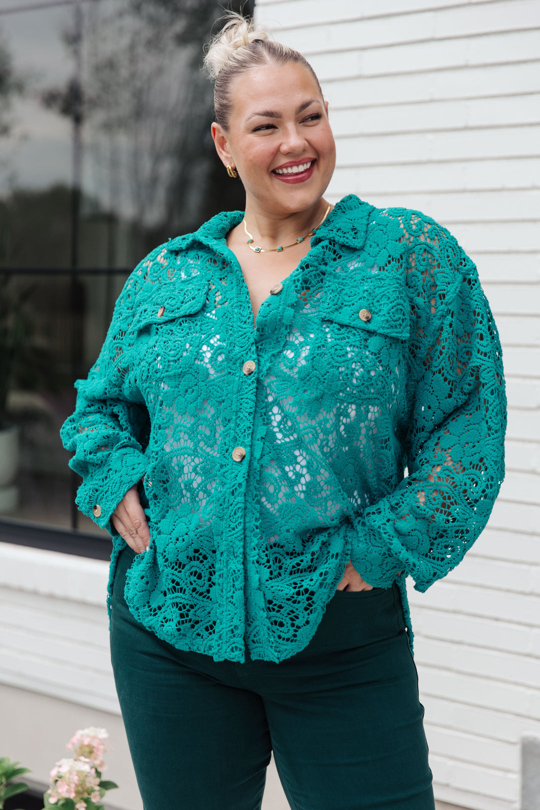 Topped with Lace Button Down-Long Sleeve Tops-Inspired by Justeen-Women's Clothing Boutique in Chicago, Illinois
