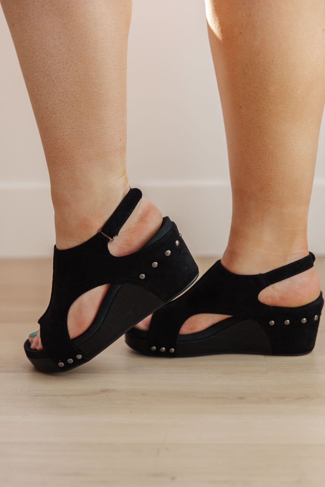 Walk This Way Wedge Sandals in Black Suede-Shoes-Inspired by Justeen-Women's Clothing Boutique in Chicago, Illinois