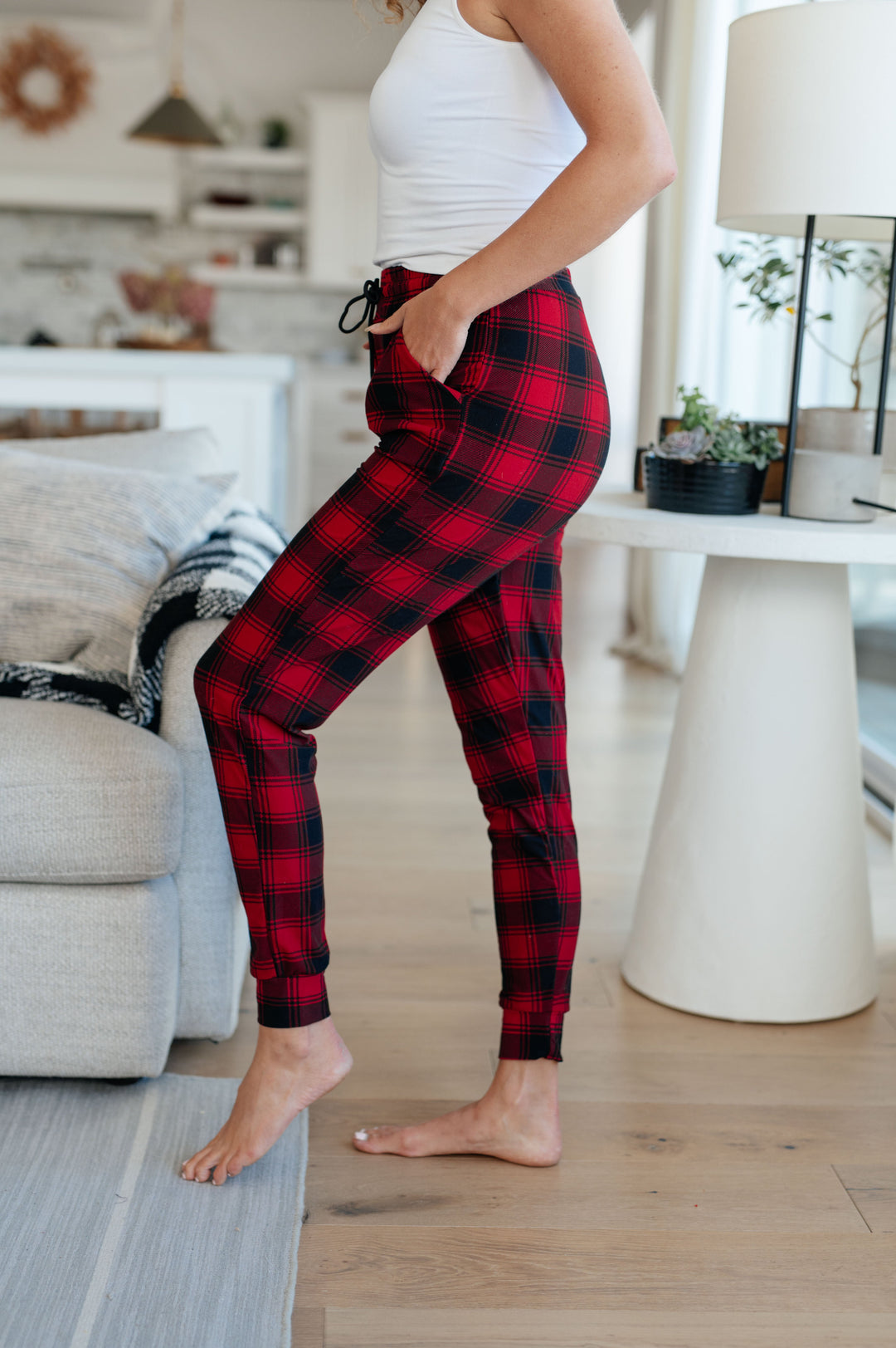 Your New Favorite Joggers in Red Plaid-Pants-Inspired by Justeen-Women's Clothing Boutique in Chicago, Illinois