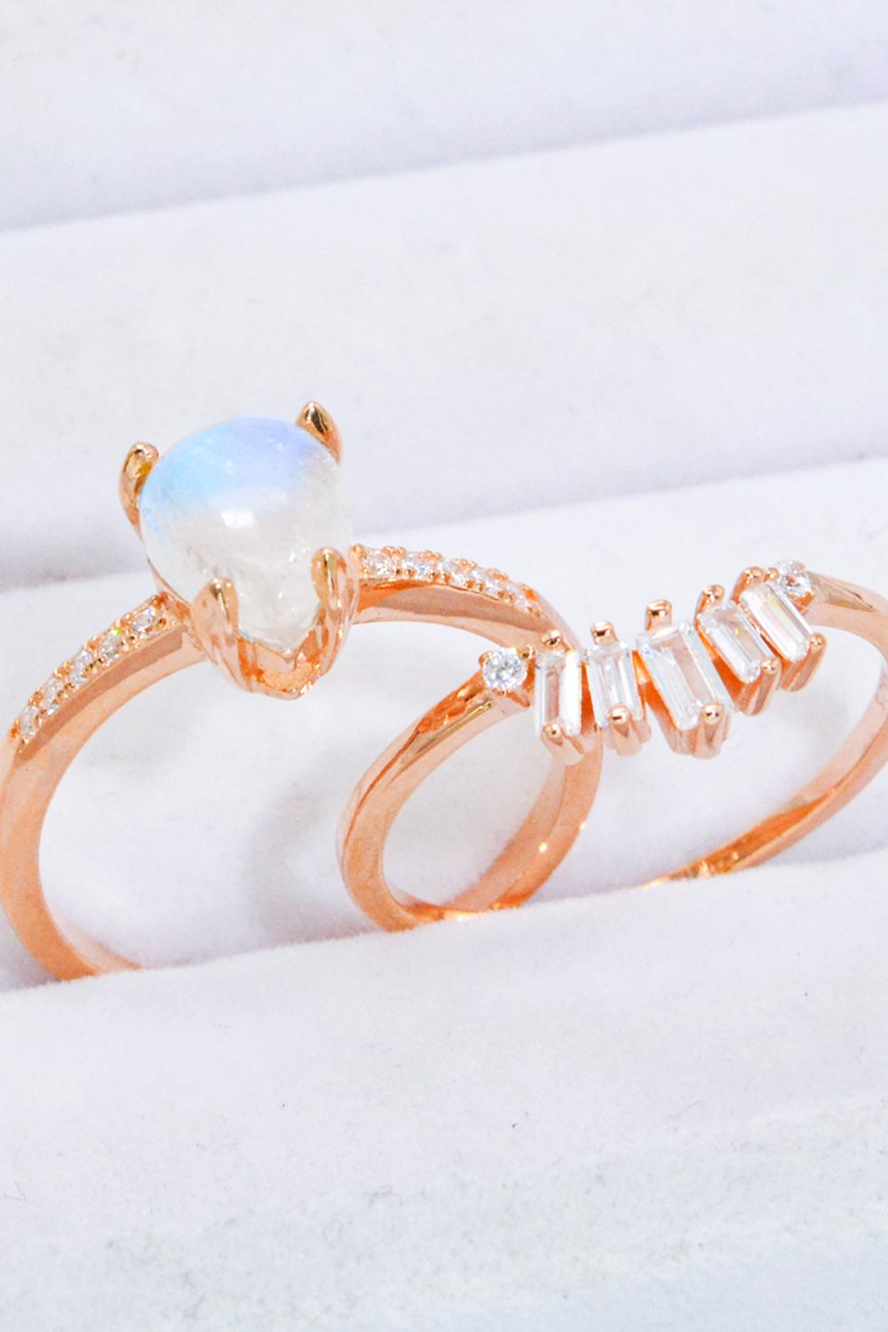 Natural Moonstone and Zircon 18K Rose Gold-Plated Two-Piece Ring Set-Rings-Inspired by Justeen-Women's Clothing Boutique in Chicago, Illinois