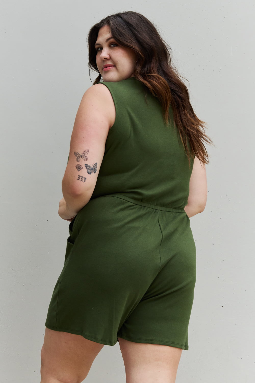 Zenana Forever Yours Full Size V-Neck Sleeveless Romper in Army Green-Jumpsuits-Inspired by Justeen-Women's Clothing Boutique in Chicago, Illinois