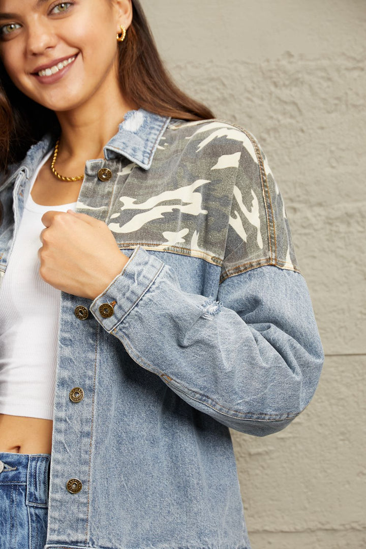 GeeGee Full Size Washed Denim Camo Contrast Jacket-Outerwear-Inspired by Justeen-Women's Clothing Boutique in Chicago, Illinois