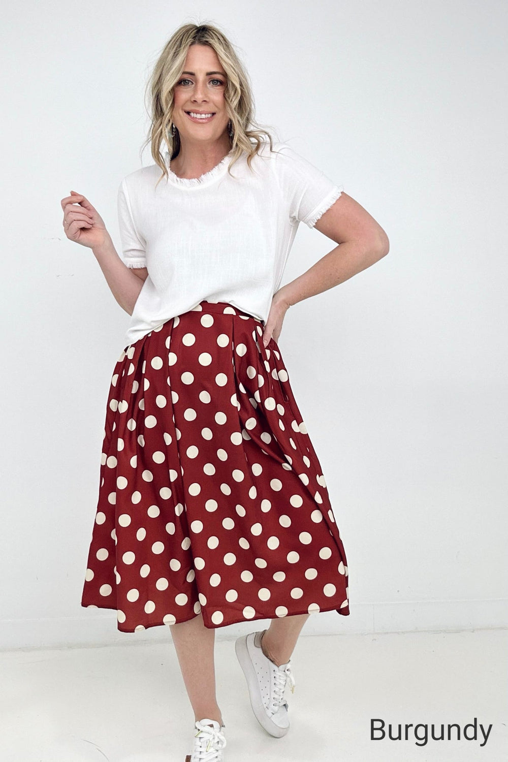 Jade By Jane Polka Dot Pleated Midi Skirt-Skirts-Inspired by Justeen-Women's Clothing Boutique in Chicago, Illinois