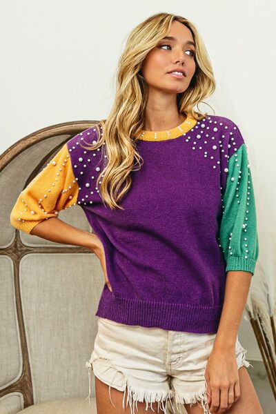BiBi Color Block Pearl Detail Round Neck Sweater-Sweaters/Sweatshirts-Inspired by Justeen-Women's Clothing Boutique in Chicago, Illinois