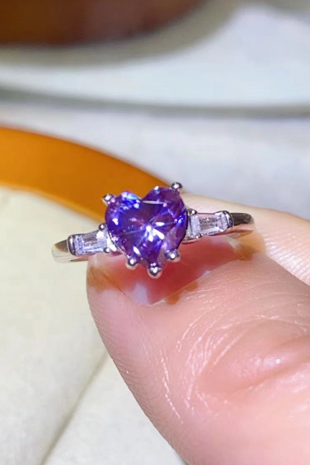 1 Carat Moissanite Heart-Shaped Platinum-Plated Ring in Purple-Rings-Inspired by Justeen-Women's Clothing Boutique in Chicago, Illinois