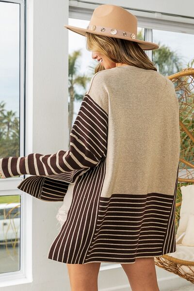 BiBi Striped Contrast Long Sleeve Slit Top-Sweaters/Sweatshirts-Inspired by Justeen-Women's Clothing Boutique in Chicago, Illinois