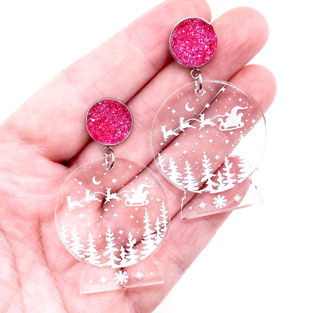 Hot Pink Crystals & Snow Globe Dangle Earrings-Earrings-Inspired by Justeen-Women's Clothing Boutique in Chicago, Illinois