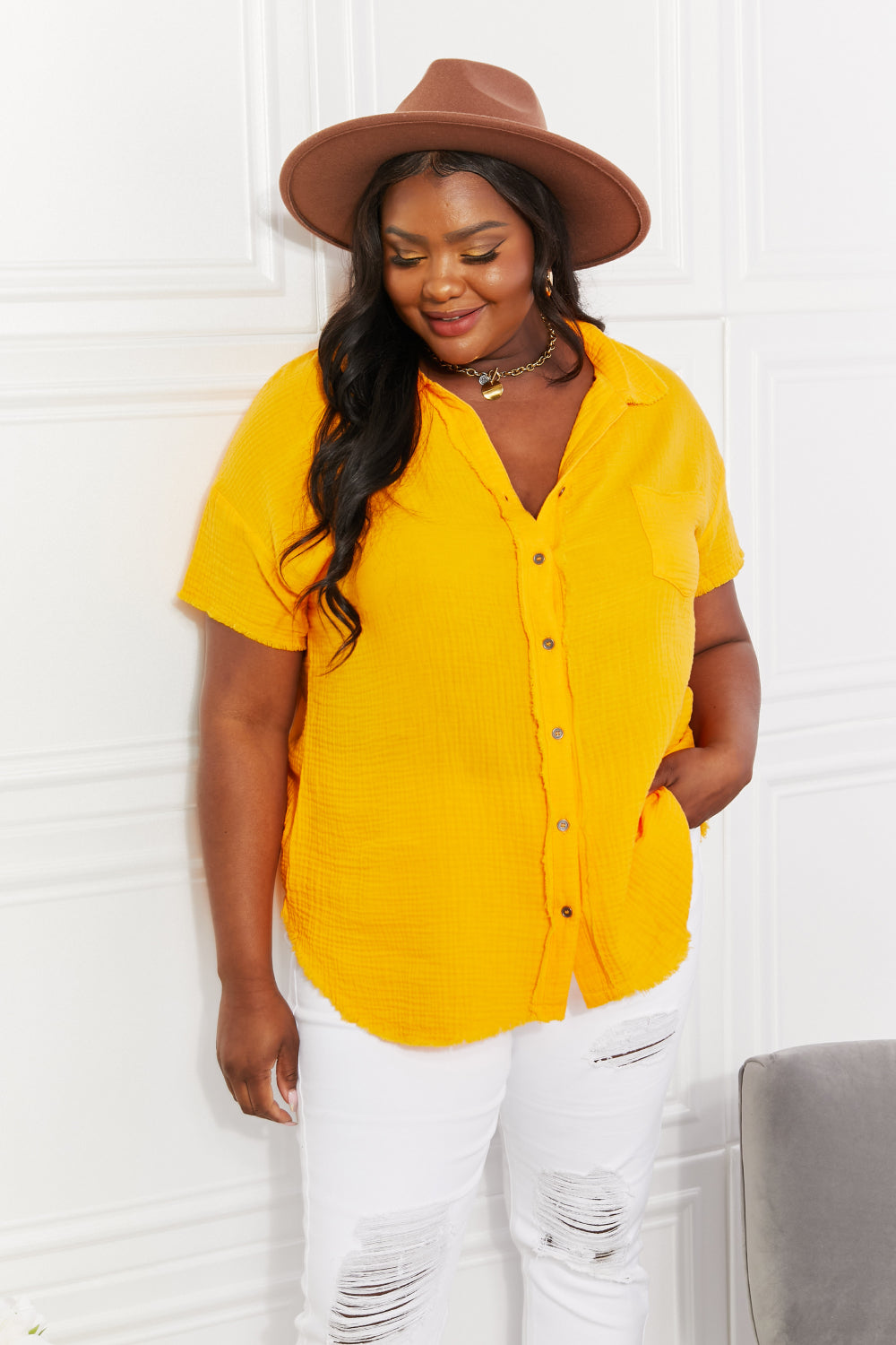 Zenana Full Size Summer Breeze Gauze Short Sleeve Shirt in Mustard-Short Sleeve Tops-Inspired by Justeen-Women's Clothing Boutique in Chicago, Illinois