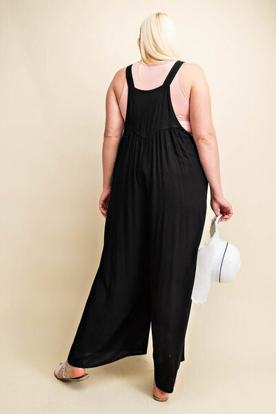 Kori America Full Size Sleeveless Ruched Wide Leg Overalls-Jumpsuits-Inspired by Justeen-Women's Clothing Boutique