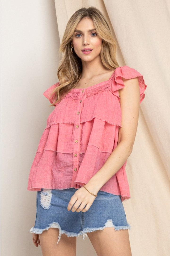 ODDI Full Size Buttoned Ruffled Top-Tank Tops-Inspired by Justeen-Women's Clothing Boutique in Chicago, Illinois