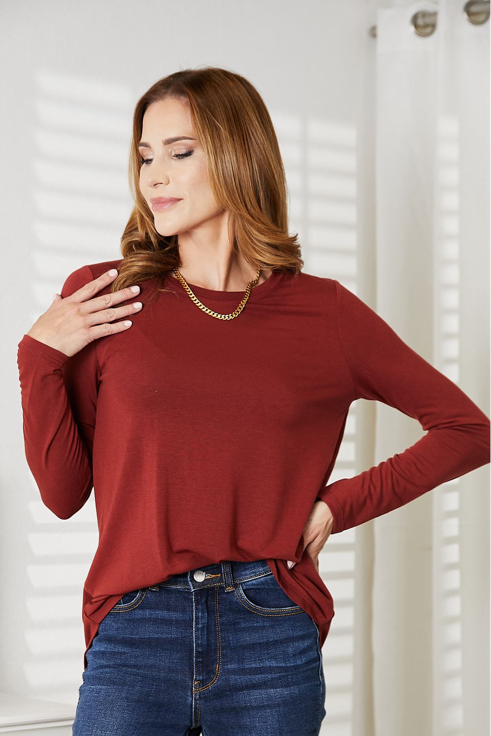 Zenana Full Size Long Sleeve Round Neck Round Hem Top-Long Sleeve Tops-Inspired by Justeen-Women's Clothing Boutique in Chicago, Illinois