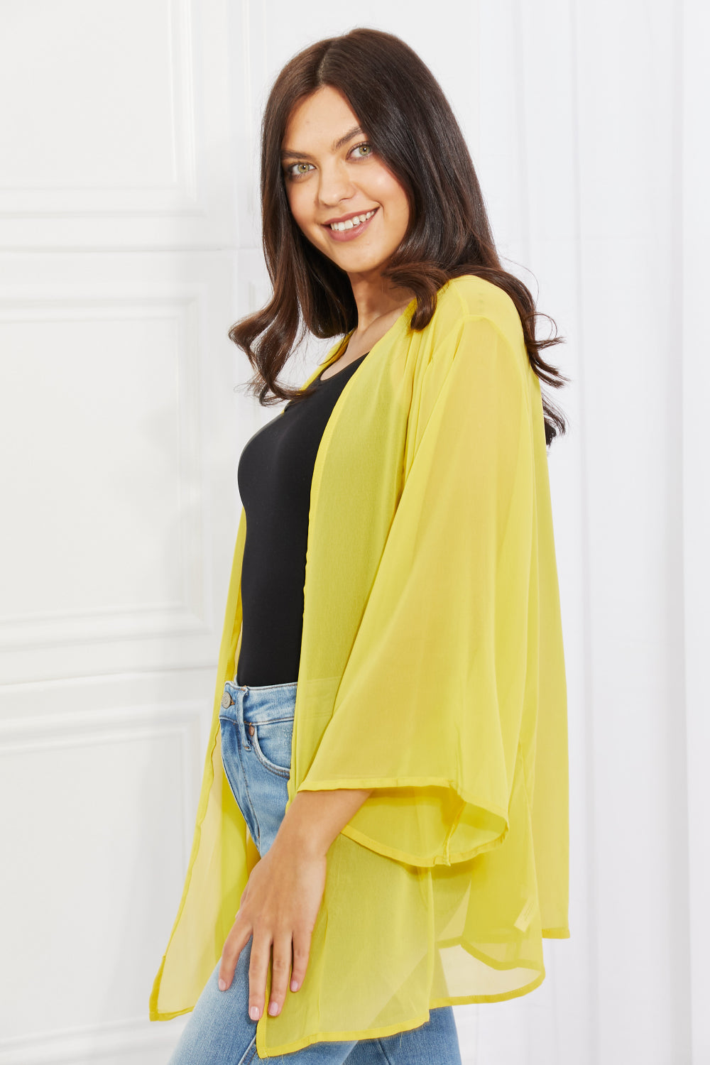 Melody Just Breathe Full Size Chiffon Kimono in Yellow-Cardigans + Kimonos-Inspired by Justeen-Women's Clothing Boutique in Chicago, Illinois