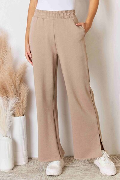 RISEN Wide Waistband Slit Wide Leg Pants-Pants-Inspired by Justeen-Women's Clothing Boutique in Chicago, Illinois