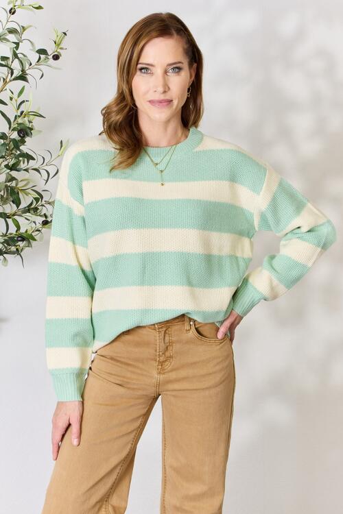 Sew In Love Full Size Contrast Striped Round Neck Sweater-Sweaters/Sweatshirts-Inspired by Justeen-Women's Clothing Boutique in Chicago, Illinois