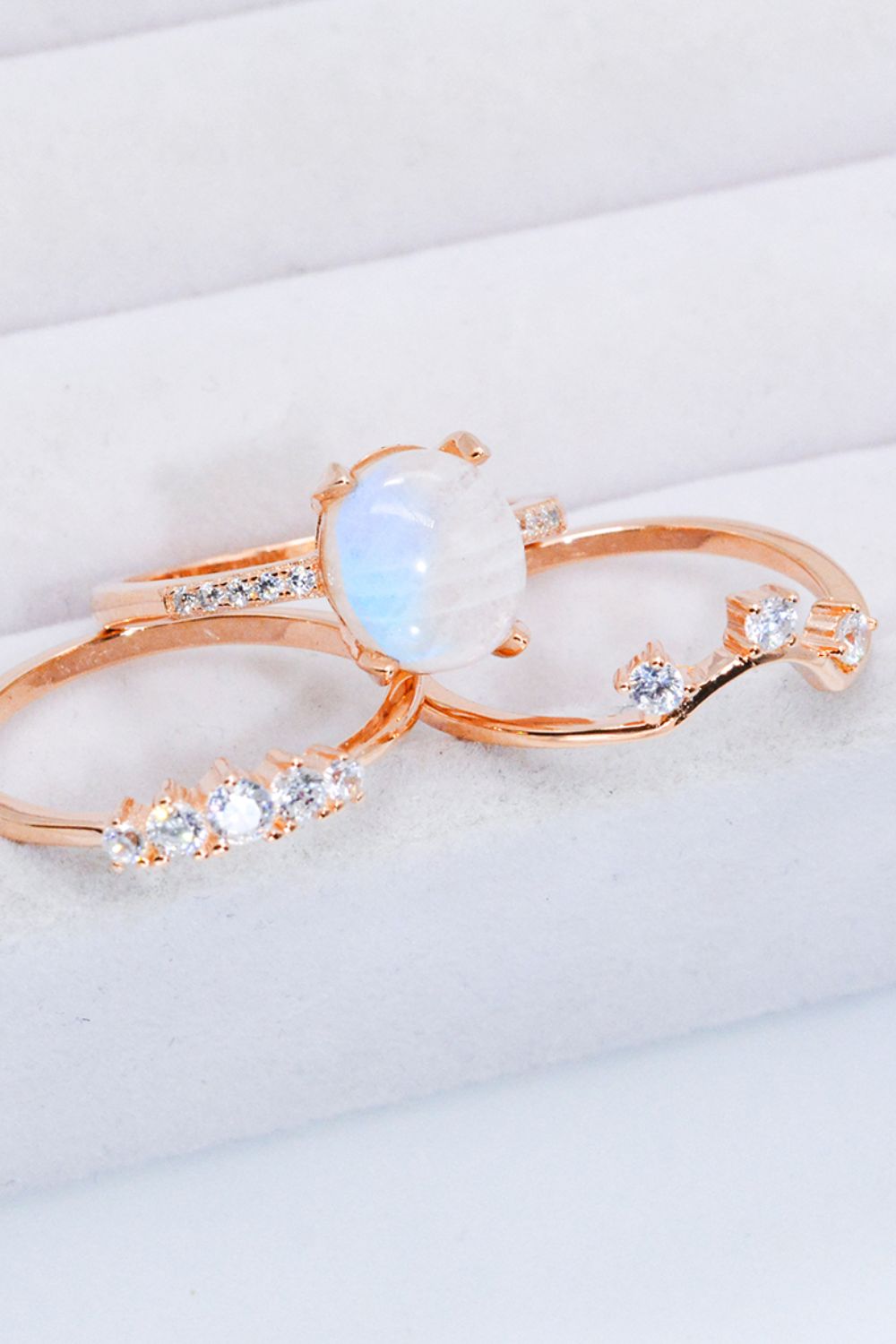 Natural Moonstone and Zircon Three-Piece Ring Set-Rings-Inspired by Justeen-Women's Clothing Boutique in Chicago, Illinois