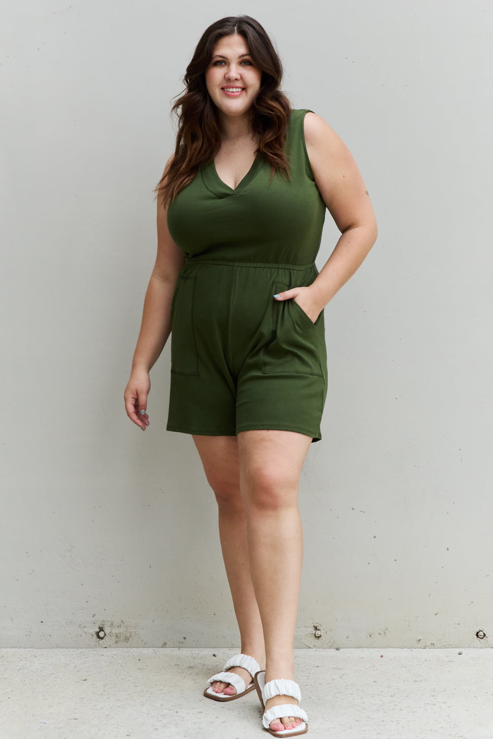 Zenana Forever Yours Full Size V-Neck Sleeveless Romper in Army Green-Jumpsuits-Inspired by Justeen-Women's Clothing Boutique in Chicago, Illinois