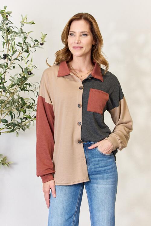 Heimish Full Size Color Block Button Down Shacket-Long Sleeve Tops-Inspired by Justeen-Women's Clothing Boutique in Chicago, Illinois