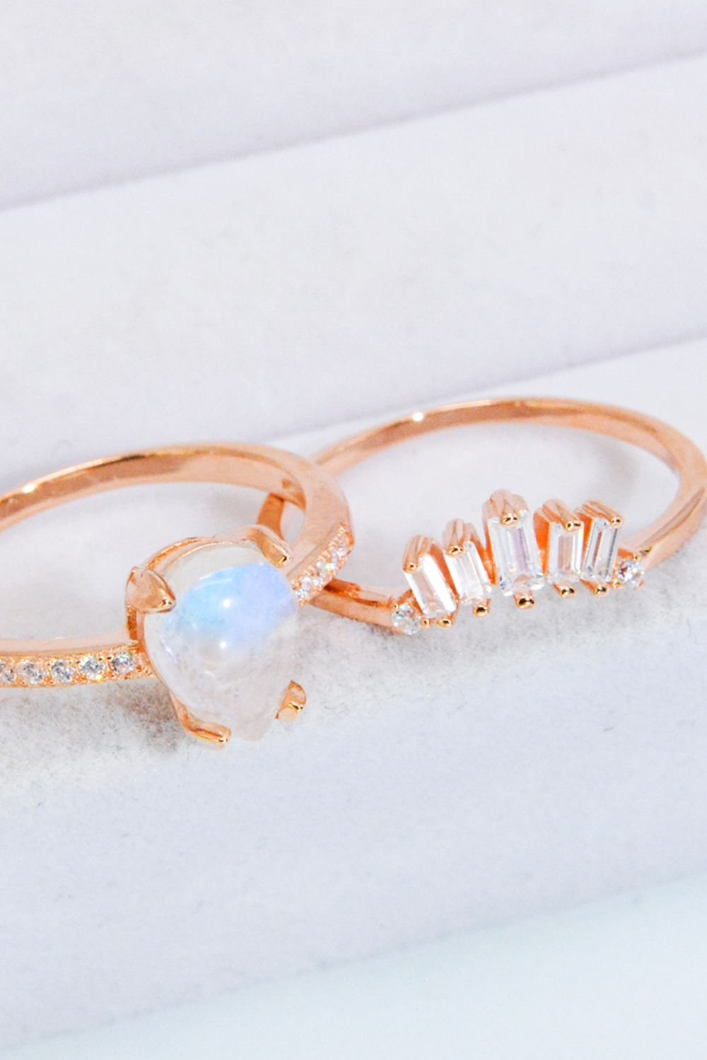 Natural Moonstone and Zircon 18K Rose Gold-Plated Two-Piece Ring Set-Rings-Inspired by Justeen-Women's Clothing Boutique in Chicago, Illinois