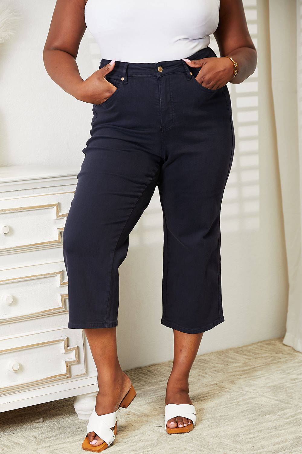 Judy Blue Full Size High Waist Tummy Control Garment Dyed Wide Cropped Jeans-Denim-Inspired by Justeen-Women's Clothing Boutique in Chicago, Illinois