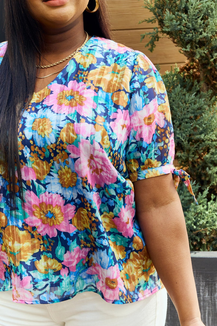Petal Dew Full Size Floral V-Neck Tie Detail Blouse-Short Sleeve Tops-Inspired by Justeen-Women's Clothing Boutique in Chicago, Illinois