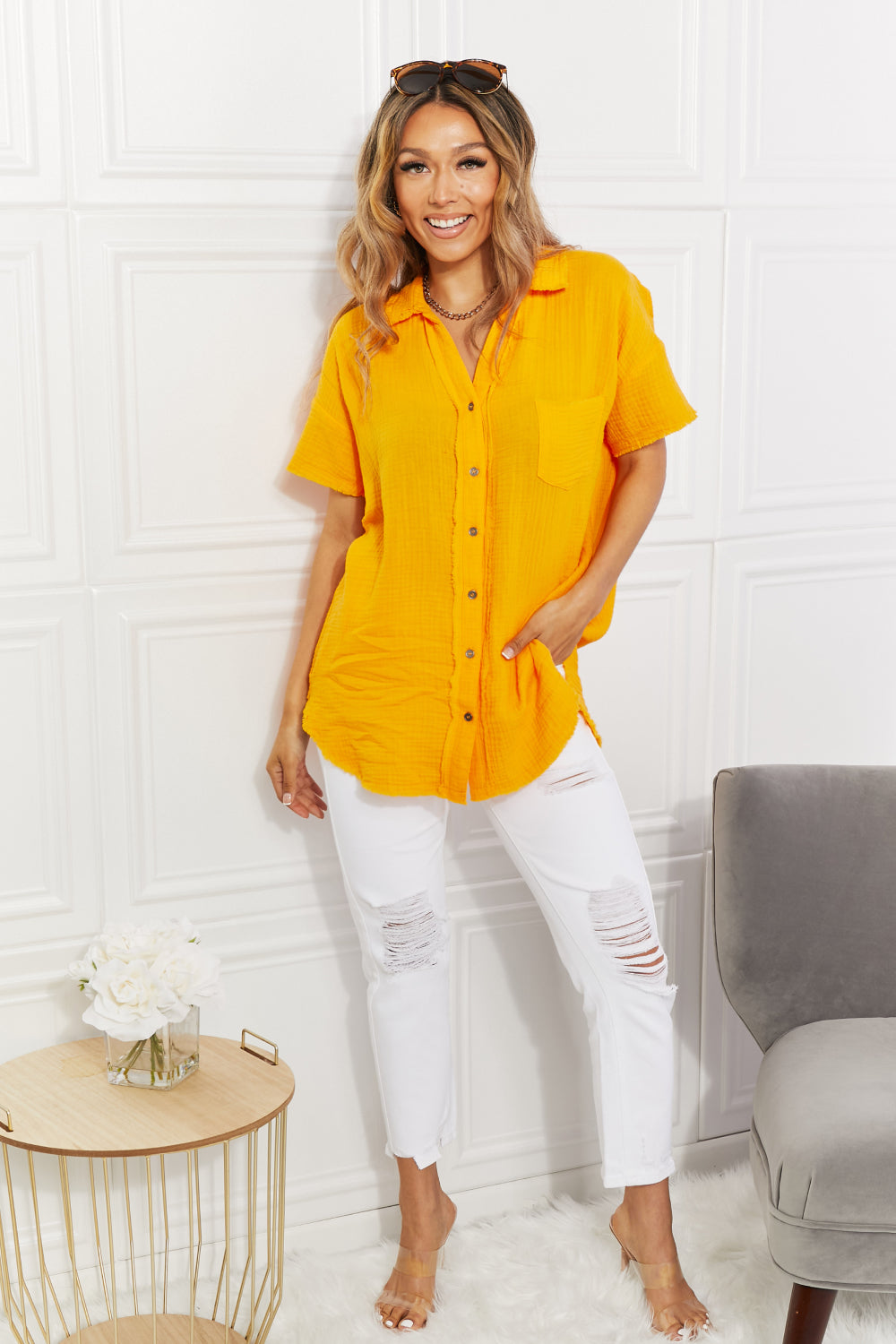 Zenana Full Size Summer Breeze Gauze Short Sleeve Shirt in Mustard-Short Sleeve Tops-Inspired by Justeen-Women's Clothing Boutique in Chicago, Illinois