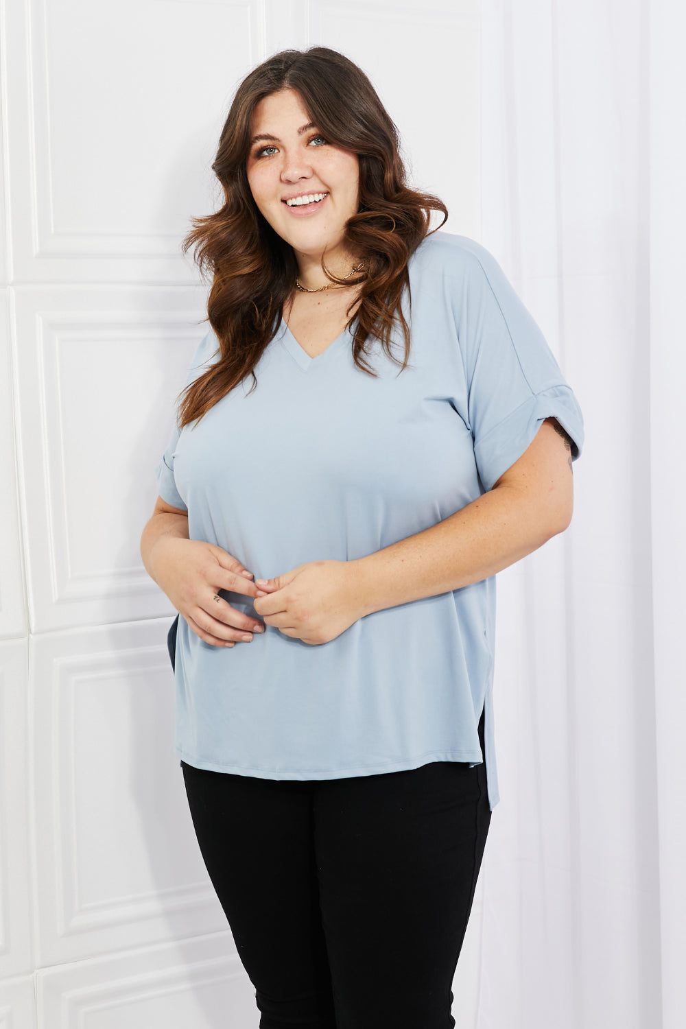 Zenana Simply Comfy Full Size V-Neck Loose Fit Shirt in Blue-Short Sleeve Tops-Inspired by Justeen-Women's Clothing Boutique in Chicago, Illinois