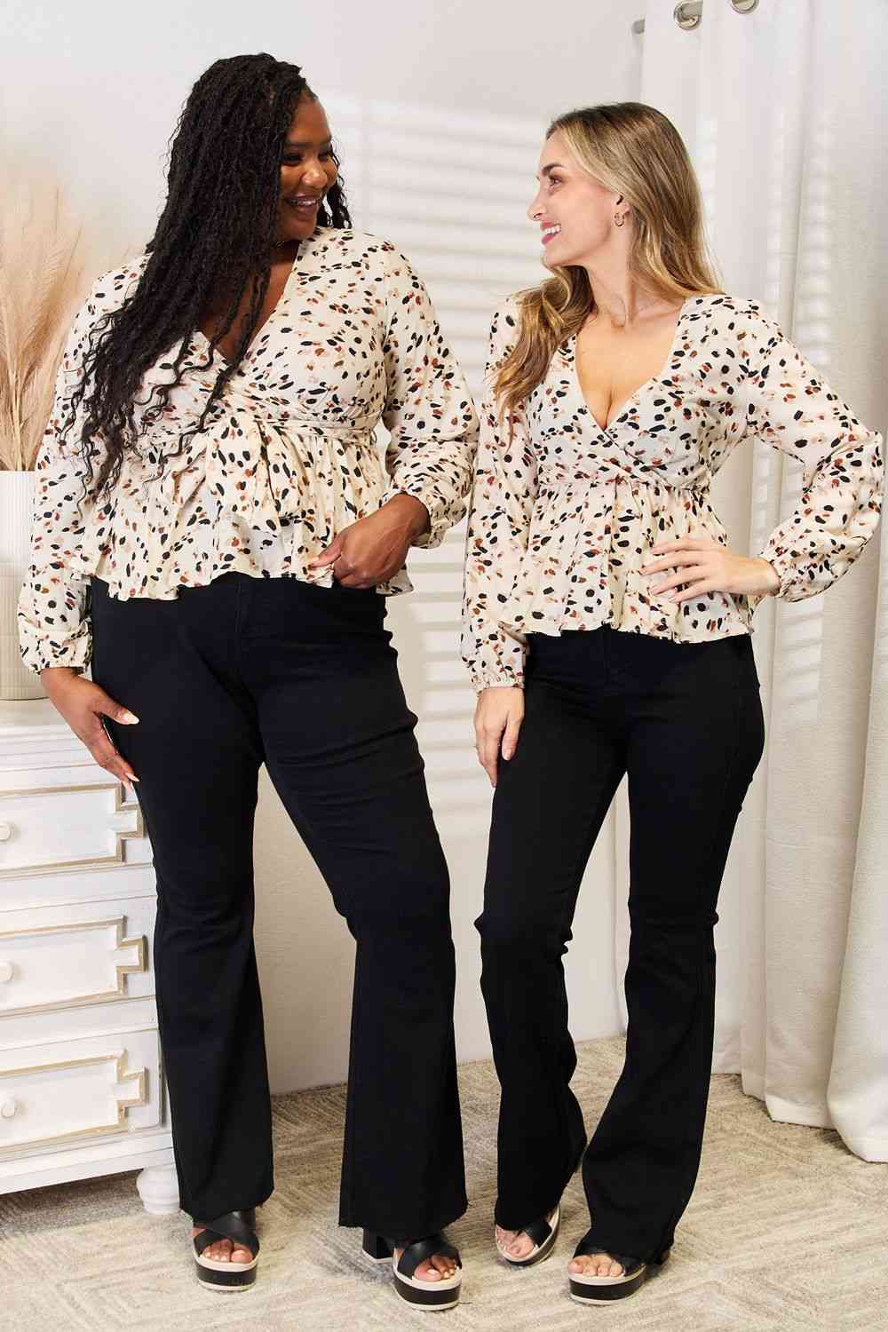 Double Take Printed Tied Plunge Peplum Blouse-Long Sleeve Tops-Inspired by Justeen-Women's Clothing Boutique in Chicago, Illinois