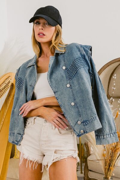 BiBi Button Up Long Sleeve Denim Jacket-Outerwear-Inspired by Justeen-Women's Clothing Boutique in Chicago, Illinois