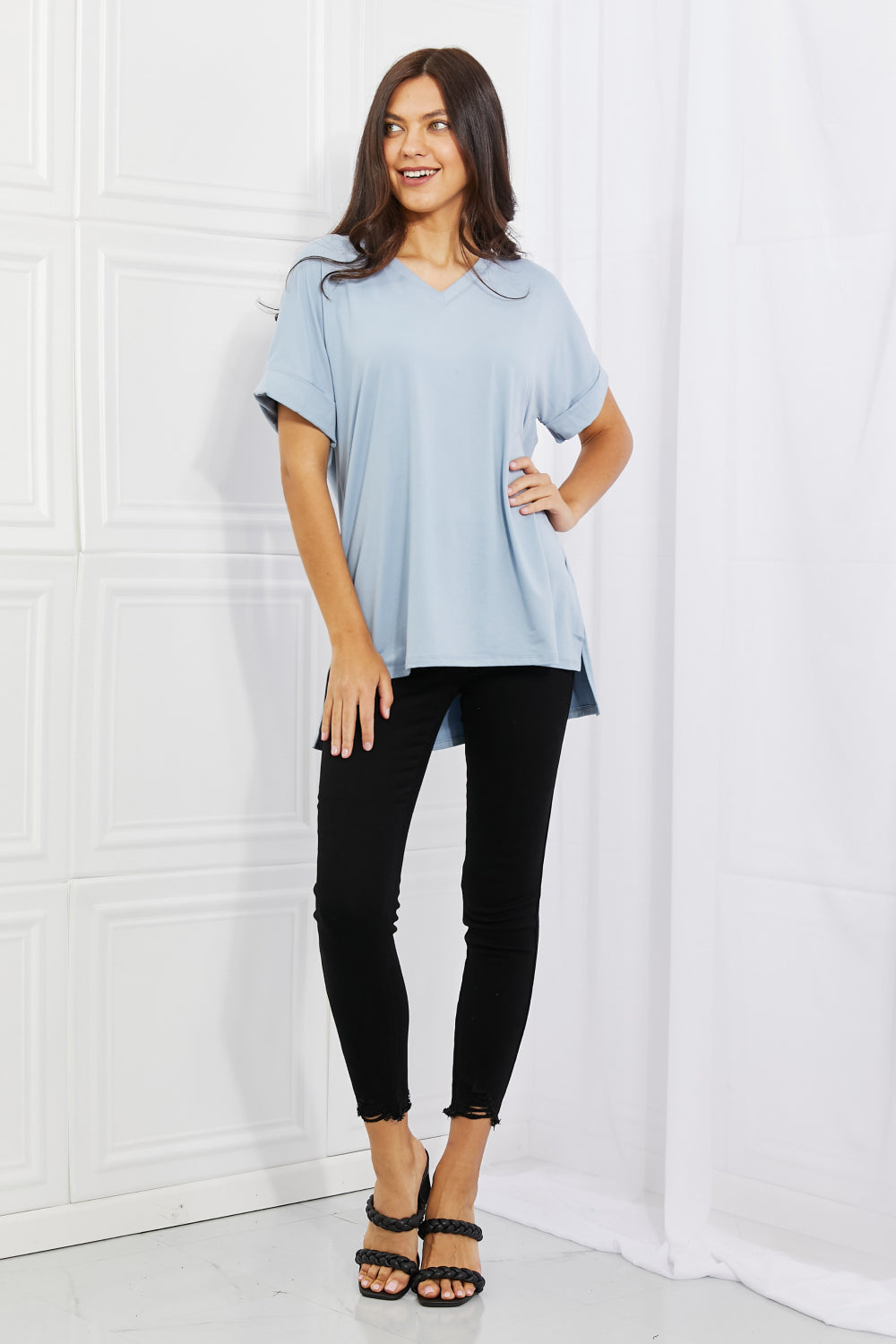 Zenana Simply Comfy Full Size V-Neck Loose Fit Shirt in Blue-Short Sleeve Tops-Inspired by Justeen-Women's Clothing Boutique in Chicago, Illinois