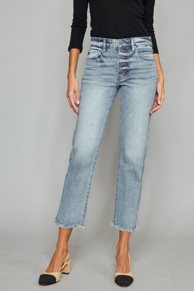 Kancan High Waist Button Fly Raw Hem Cropped Straight Jeans-Denim-Inspired by Justeen-Women's Clothing Boutique in Chicago, Illinois